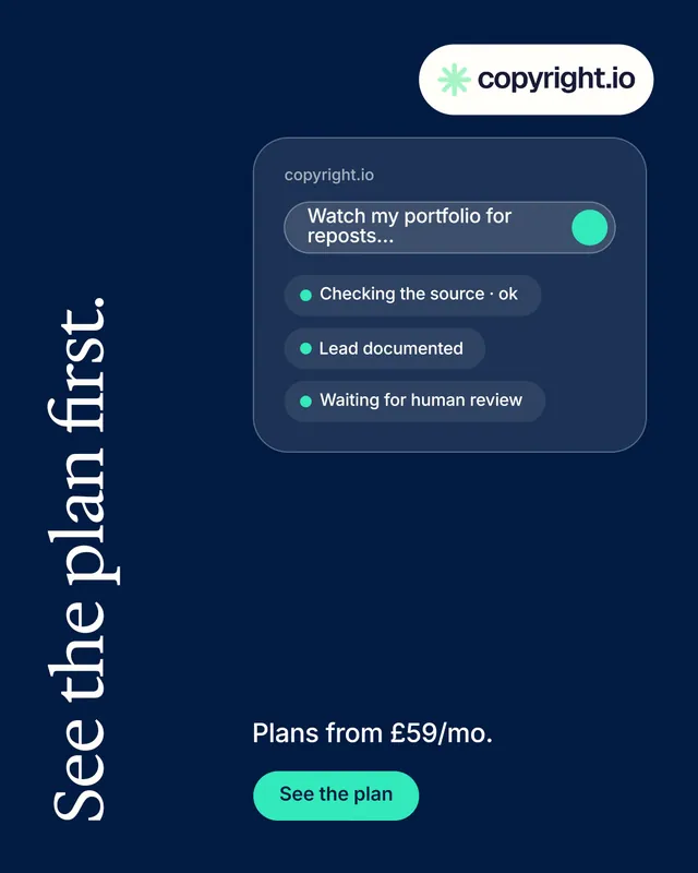 Instagram portrait post for copyright.io: "See the plan first." Y2K style, vertical layout, dark palette in blue.