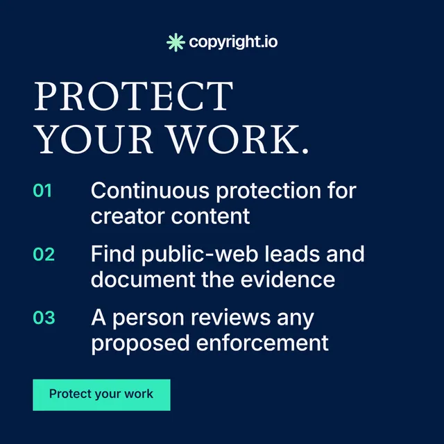 Instagram post for copyright.io: "Protect your work." Split block style, numbered layout, dark palette in blue.