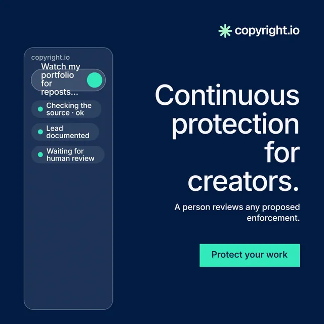 Instagram post for copyright.io: "Continuous protection for creators." Split block style, right layout, dark palette in blue.