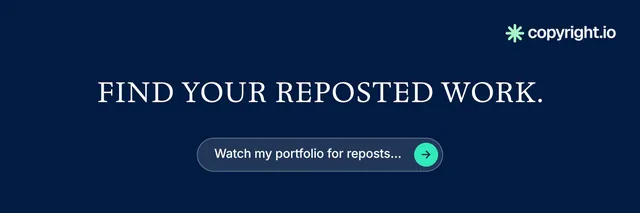 X header for copyright.io: "Find your reposted work." Agentic glass style, centred layout, dark palette in blue.