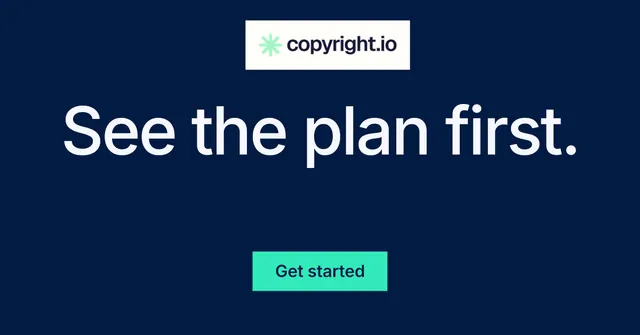 Social ad for copyright.io: "See the plan first." Swiss style, centred layout, dark palette in blue.