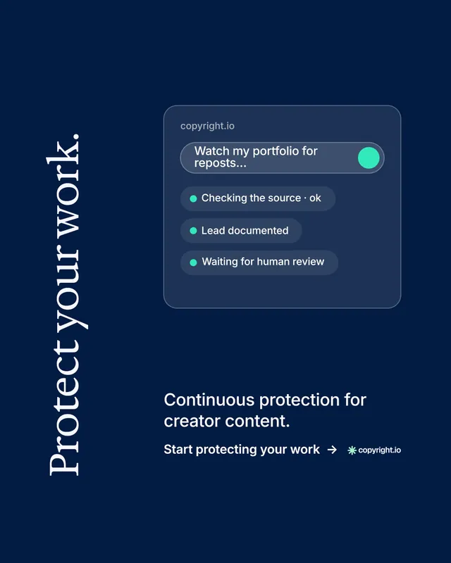 Instagram portrait post for copyright.io: "Protect your work." Minimal luxury style, vertical layout, dark palette in blue.