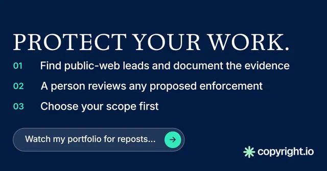 Social ad for copyright.io: "Protect your work." Agentic glass style, numbered layout, dark palette in blue.