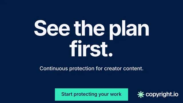 Landscape graphic for copyright.io: "See the plan first." Swiss style, centred layout, dark palette in blue, teal.