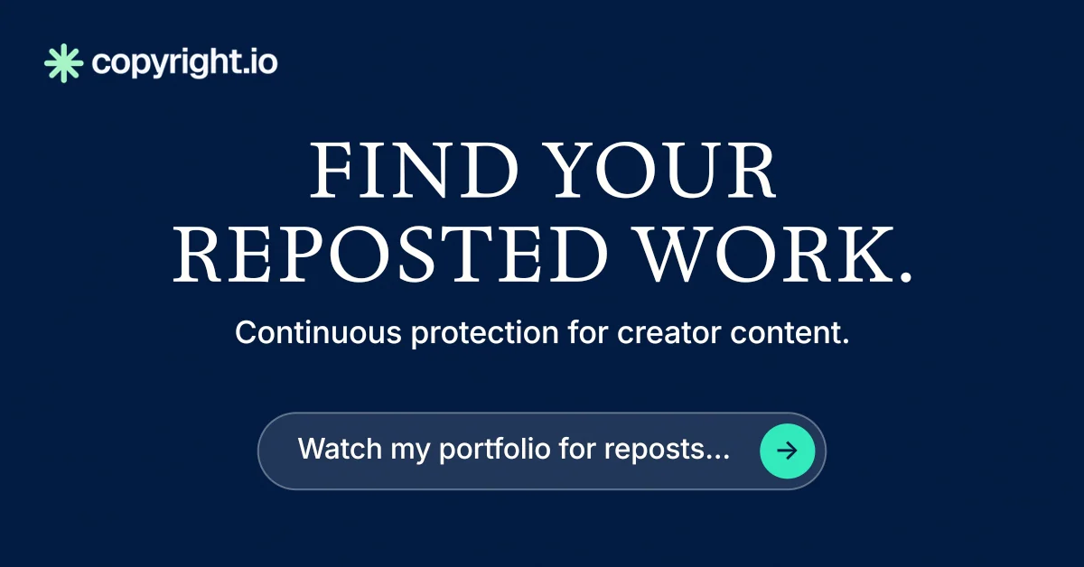 Social ad for copyright.io: "Find your reposted work." Agentic glass style, centred layout, dark palette in blue.
