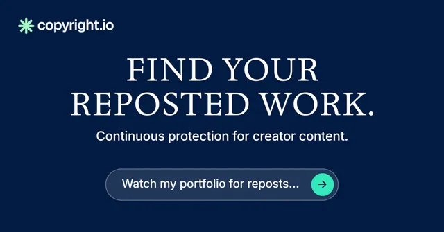 Social ad for copyright.io: "Find your reposted work." Agentic glass style, centred layout, dark palette in blue.