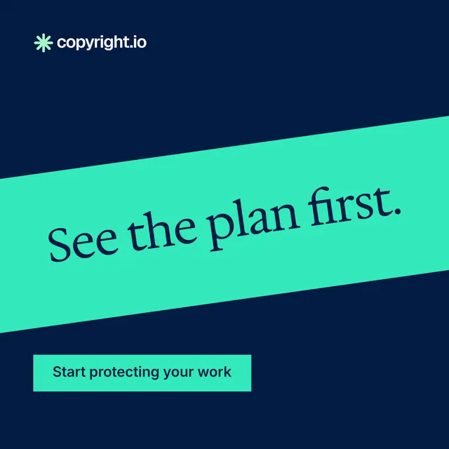 Instagram post for copyright.io: "See the plan first." Split block style, diagonal layout, dark palette in blue, teal.
