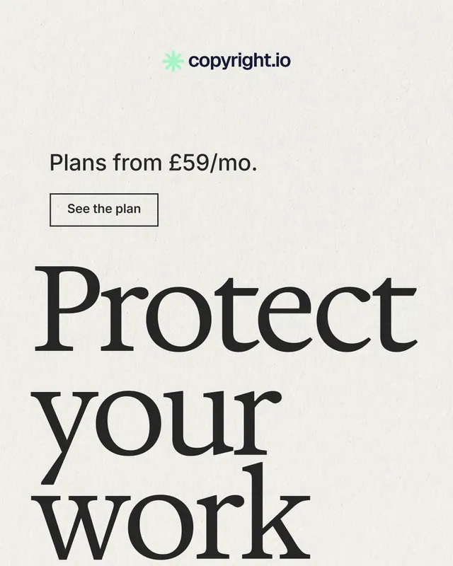 Instagram portrait post for copyright.io: "See the plan first." Editorial style, oversized layout, light palette in white, grey.