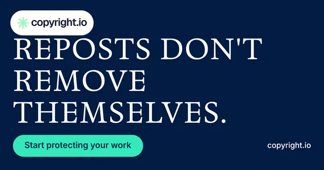 Social ad for copyright.io: "Reposts don't remove themselves." Y2K style, poster layout, dark palette in blue.
