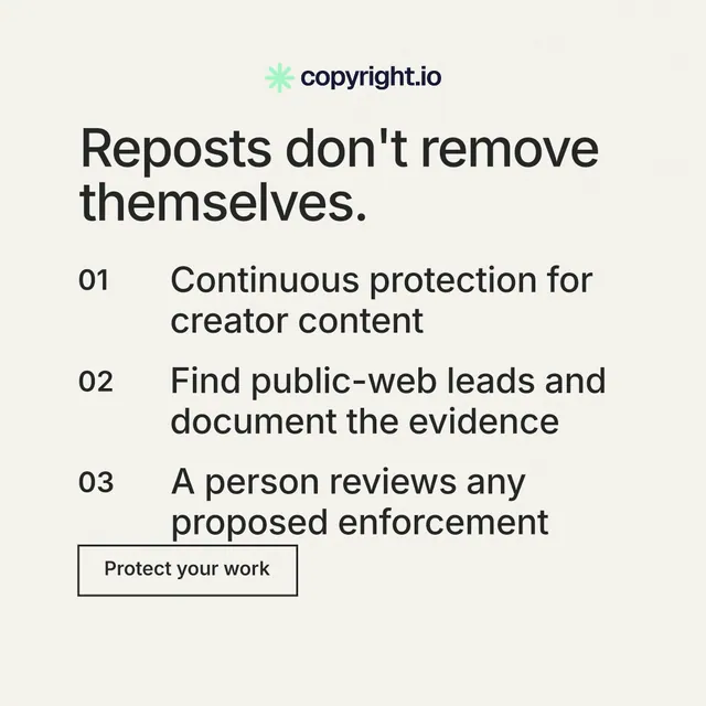 Instagram post for copyright.io: "Reposts don't remove themselves." Editorial style, numbered layout, light palette in white, grey.