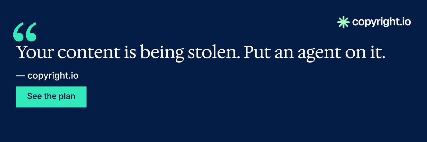X header for copyright.io: "Reposts don't remove themselves." Swiss style, quote layout, dark palette in blue.