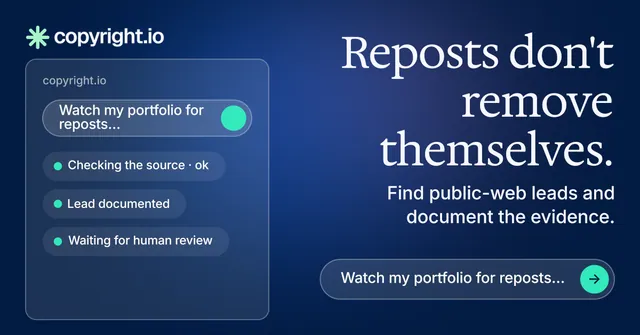 Social ad for copyright.io: "Reposts don't remove themselves." Agentic glass style, right layout, dark palette in blue.