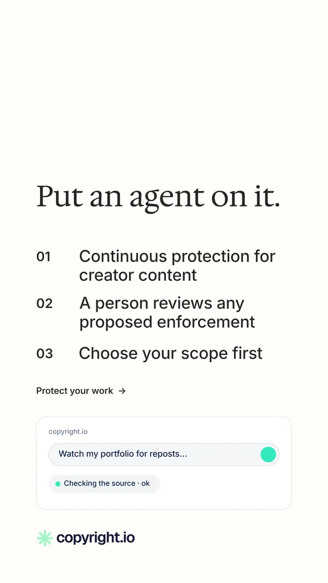Instagram story for copyright.io: "Put an agent on it." Minimal luxury style, numbered layout, light palette in white.