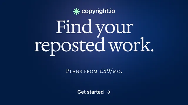 Landscape graphic for copyright.io: "Find your reposted work." Agentic glass style, smallcaps layout, dark palette in blue.