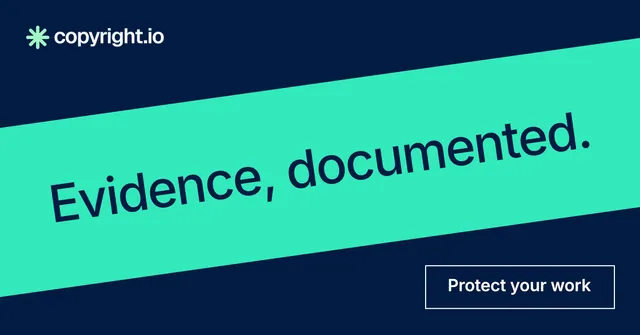 Social ad for copyright.io: "Evidence, documented." Editorial style, diagonal layout, dark palette in teal, blue.