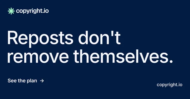 Social ad for copyright.io: "Reposts don't remove themselves." Minimal luxury style, poster layout, dark palette in blue.