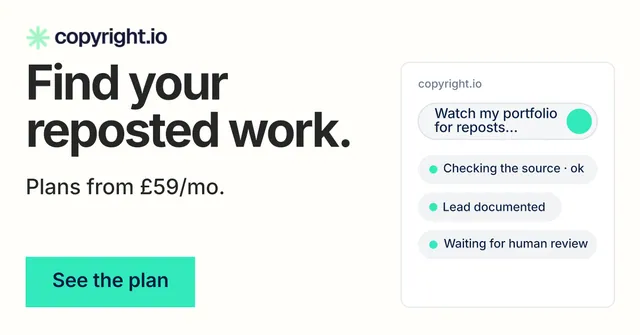 Social ad for copyright.io: "Find your reposted work." Swiss style, skeleton layout, light palette in white, teal.