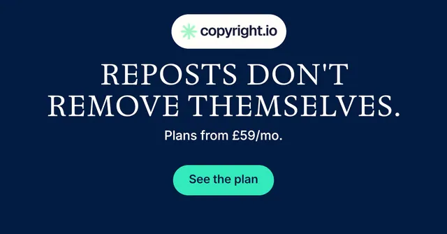 Social ad for copyright.io: "Reposts don't remove themselves." Y2K style, centred layout, dark palette in blue.