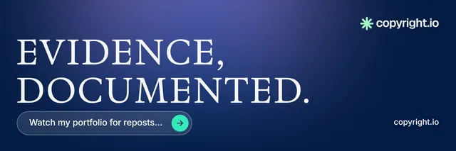 X header for copyright.io: "Evidence, documented." Agentic glass style, poster layout, dark palette in blue.