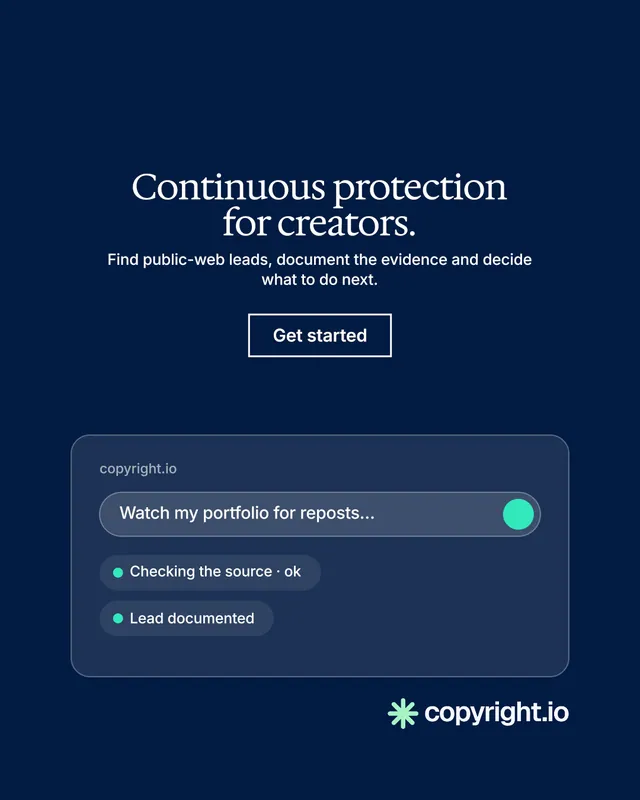 Instagram portrait post for copyright.io: "Continuous protection for creators." Editorial style, centred layout, dark palette in blue.