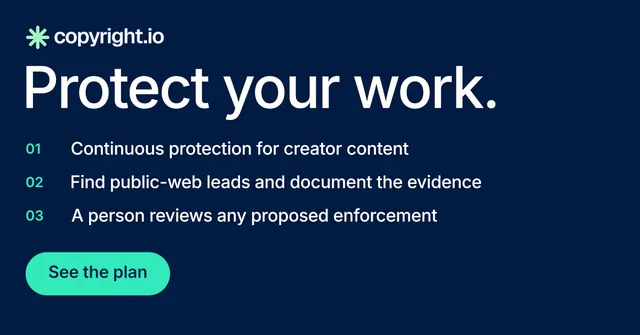 Social ad for copyright.io: "Protect your work." Y2K style, numbered layout, dark palette in blue.