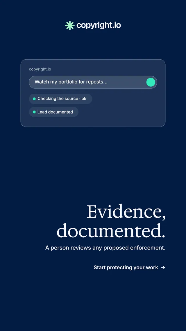 Instagram story for copyright.io: "Evidence, documented." Minimal luxury style, right layout, dark palette in blue.