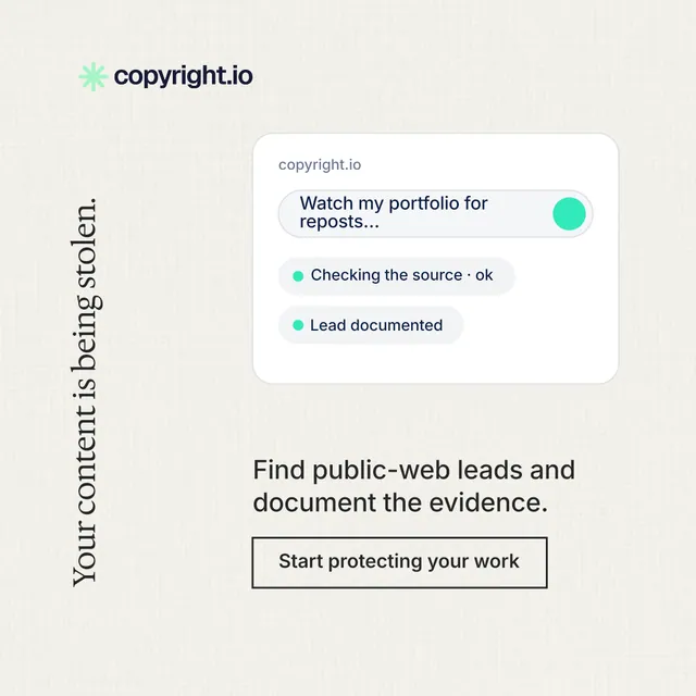 Instagram post for copyright.io: "Your content is being stolen." Editorial style, vertical layout, light palette in white.
