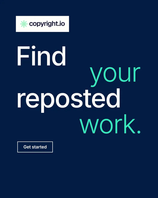 Instagram portrait post for copyright.io: "Find your reposted work." Editorial style, stacked layout, dark palette in blue.