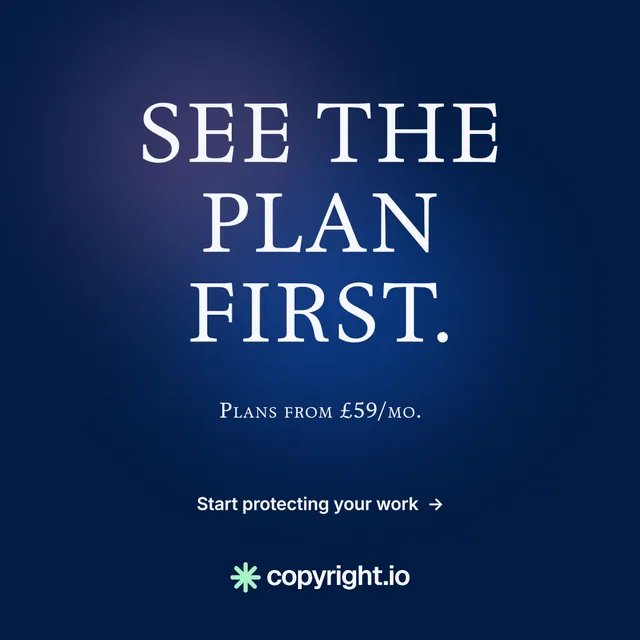 Instagram post for copyright.io: "See the plan first." Agentic glass style, smallcaps layout, dark palette in blue.