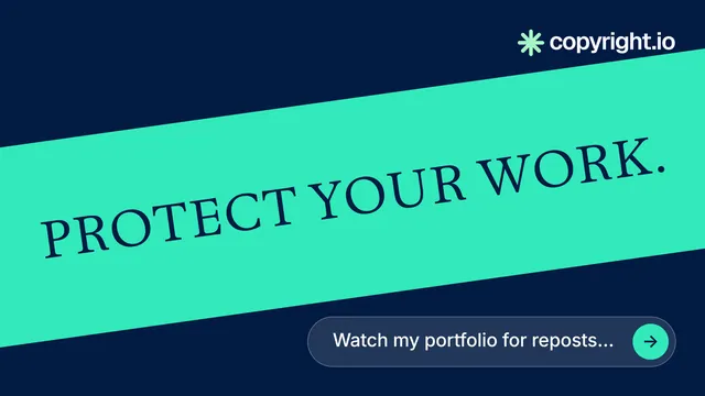 Landscape graphic for copyright.io: "Protect your work." Agentic glass style, diagonal layout, light palette in teal, blue.