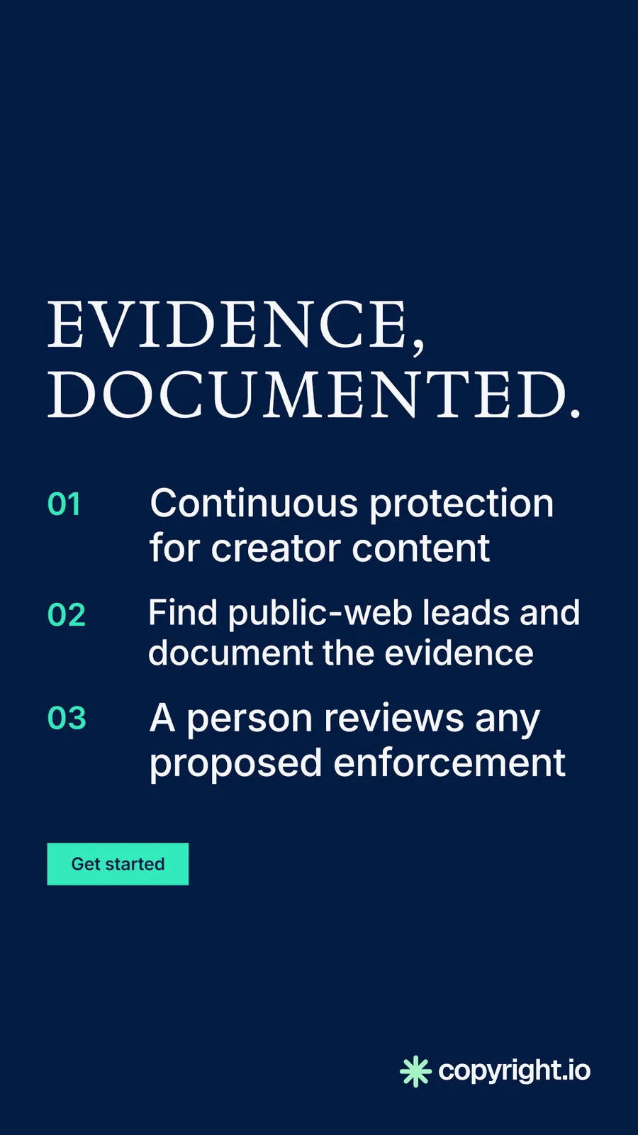 Instagram story for copyright.io: "Evidence, documented." Split block style, numbered layout, dark palette in blue.