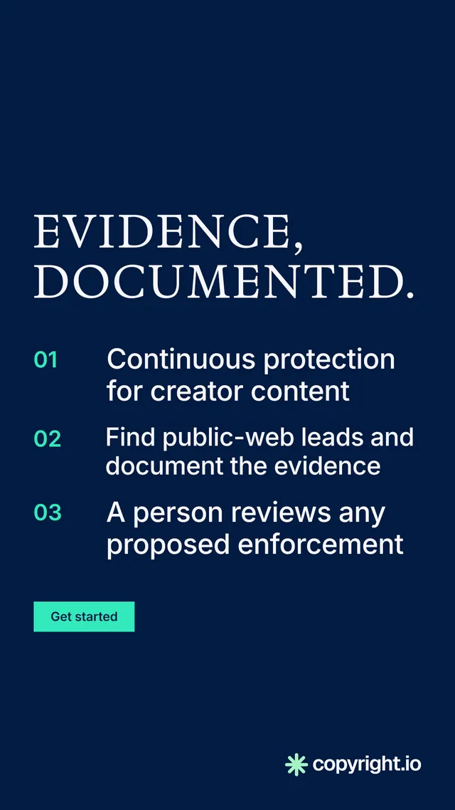 Instagram story for copyright.io: "Evidence, documented." Split block style, numbered layout, dark palette in blue.