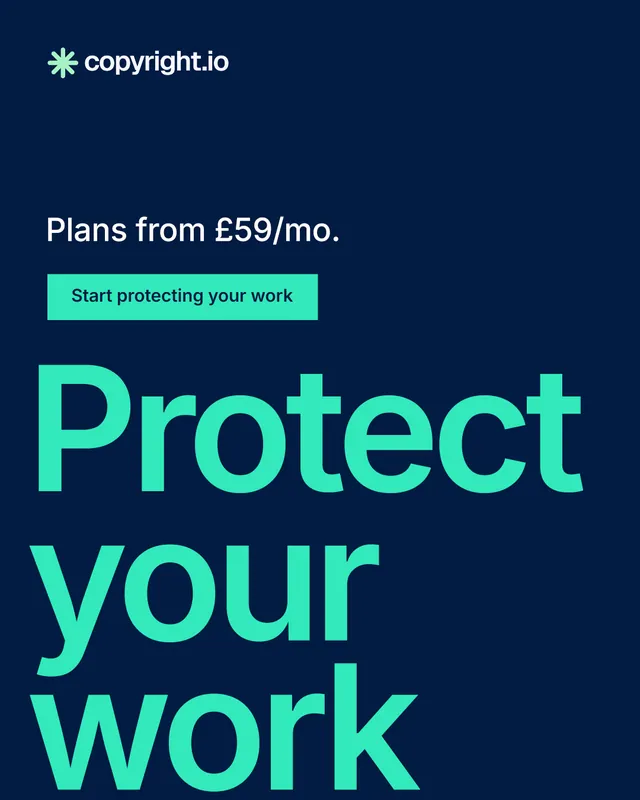 Instagram portrait post for copyright.io: "Protect your work." Swiss style, oversized layout, dark palette in blue, teal.