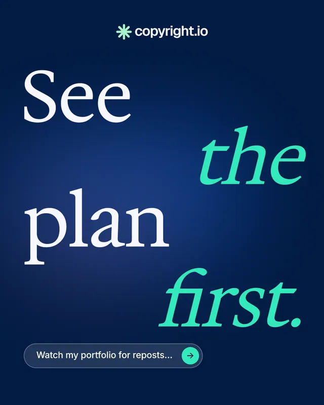 Instagram portrait post for copyright.io: "See the plan first." Agentic glass style, stacked layout, dark palette in blue.