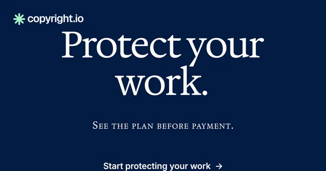 Social ad for copyright.io: "Protect your work." Swiss style, smallcaps layout, dark palette in blue.