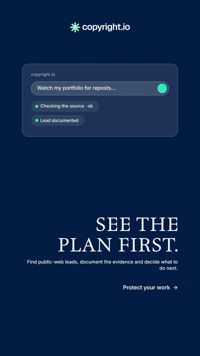Instagram story for copyright.io: "See the plan first." Minimal luxury style, right layout, dark palette in blue.
