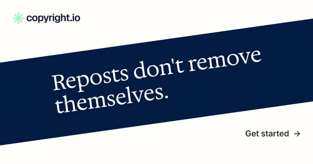Social ad for copyright.io: "Reposts don't remove themselves." Minimal luxury style, diagonal layout, light palette in white, blue.
