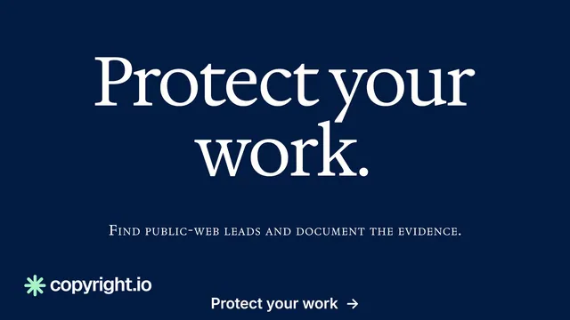 Landscape graphic for copyright.io: "Protect your work." Y2K style, smallcaps layout, dark palette in blue.