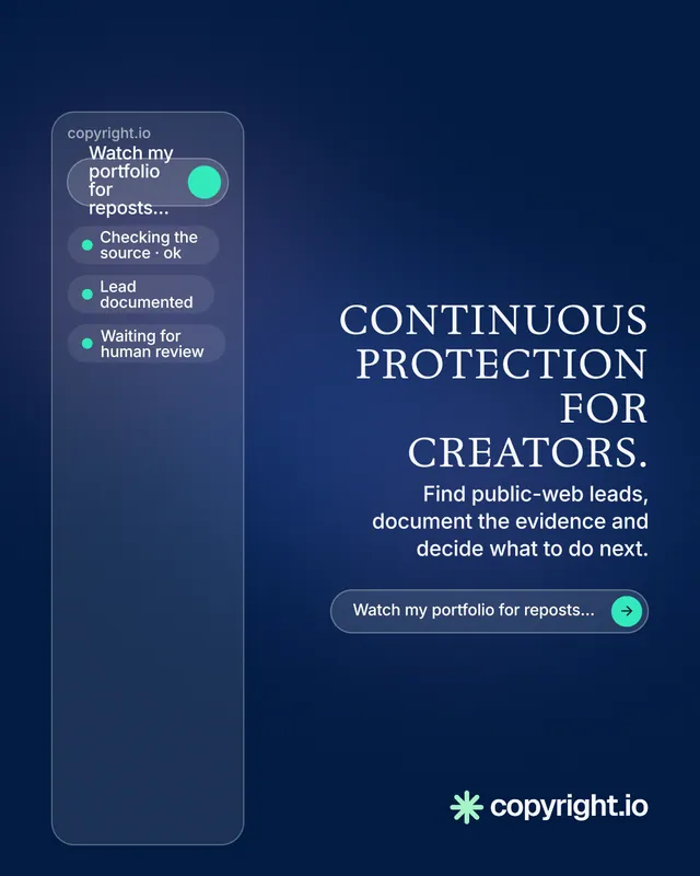 Instagram portrait post for copyright.io: "Continuous protection for creators." Agentic glass style, right layout, dark palette in blue.