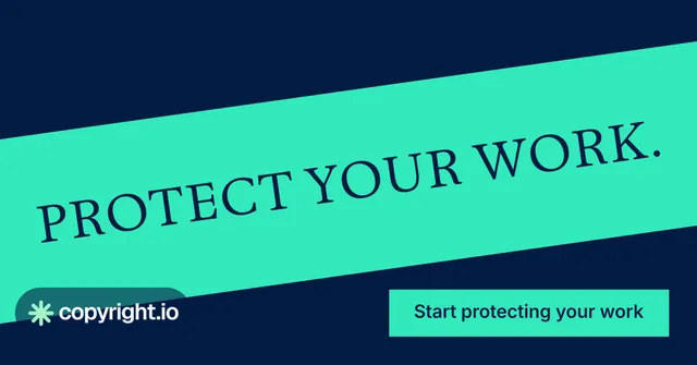 Social ad for copyright.io: "Protect your work." Split block style, diagonal layout, light palette in teal, blue.