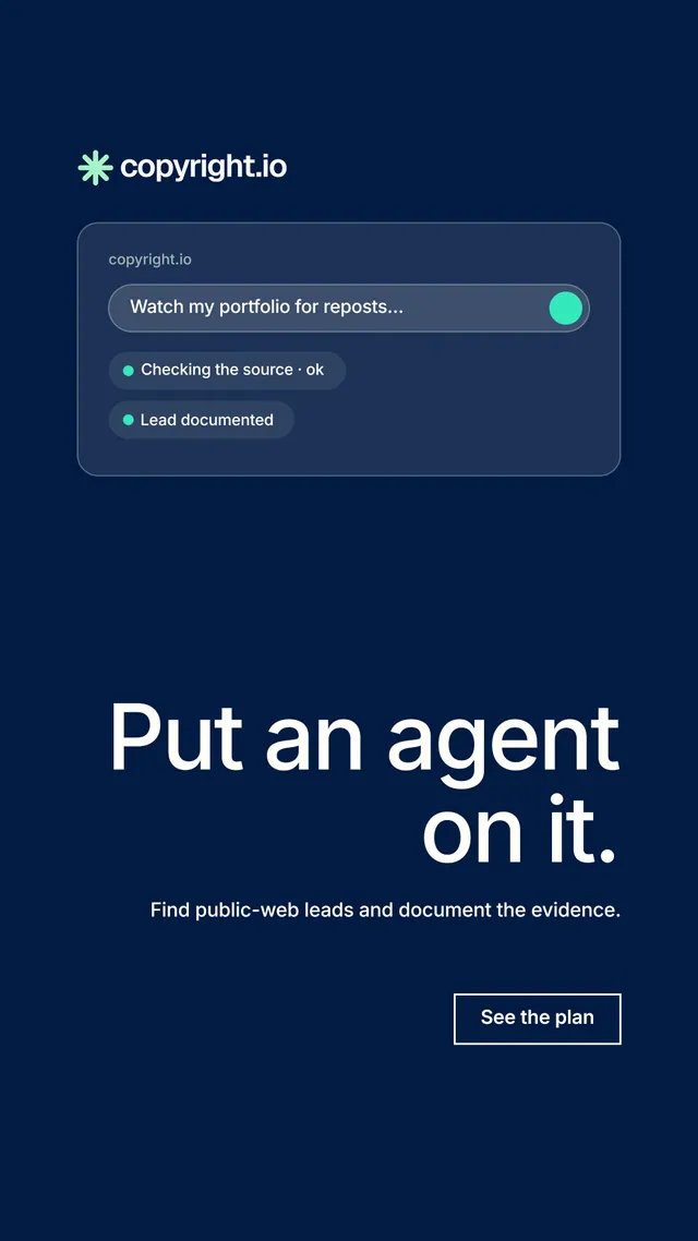 Instagram story for copyright.io: "Put an agent on it." Editorial style, right layout, dark palette in blue.