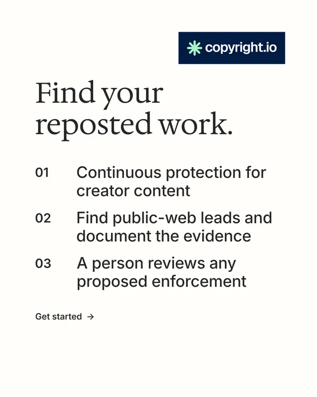 Instagram portrait post for copyright.io: "Find your reposted work." Minimal luxury style, numbered layout, light palette in white, grey.