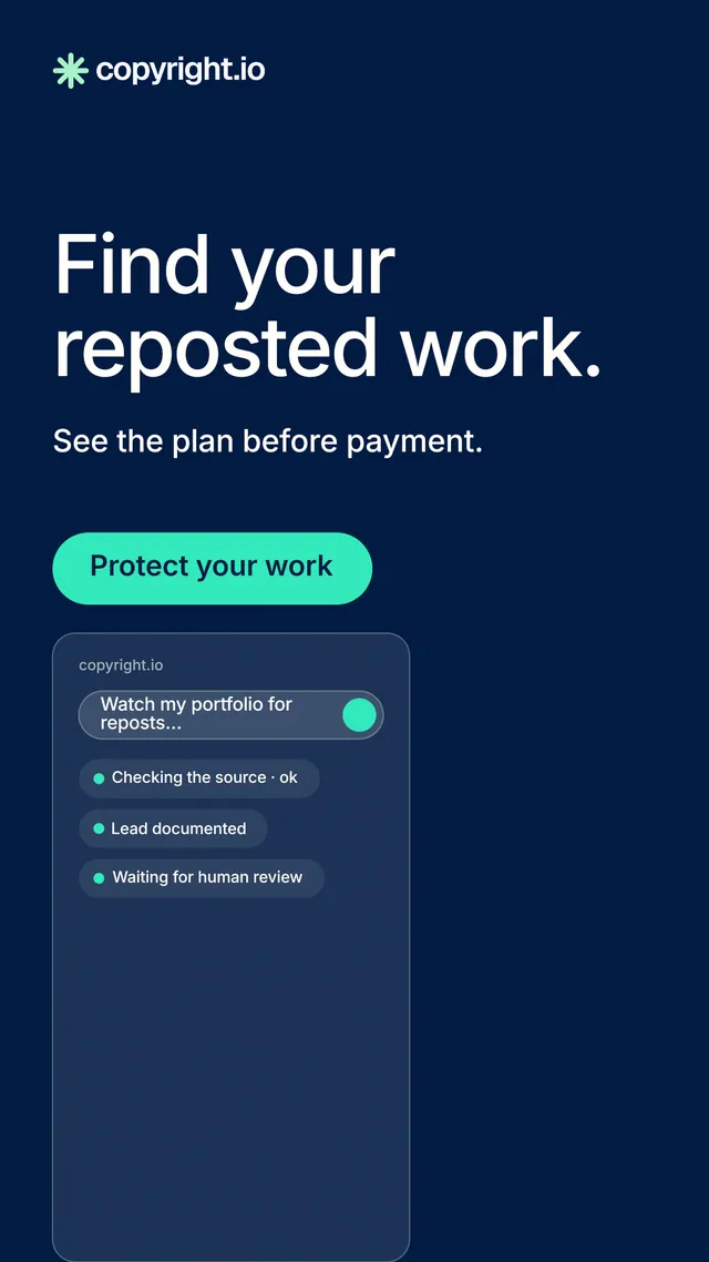 Instagram story for copyright.io: "Find your reposted work." Agentic glass style, skeleton layout, dark palette in blue.