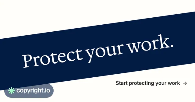 Social ad for copyright.io: "Protect your work." Minimal luxury style, diagonal layout, light palette in white, blue.