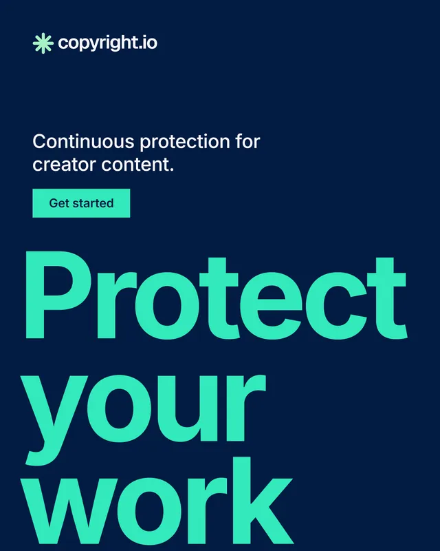 Instagram portrait post for copyright.io: "Find your reposted work." Swiss style, oversized layout, dark palette in blue, teal.