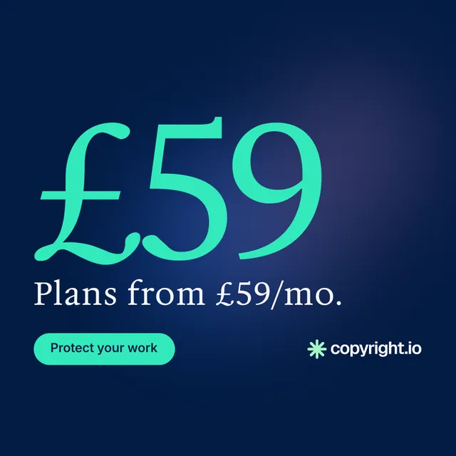 Instagram post for copyright.io: "Protect your work." Y2K style, stat layout, dark palette in blue, teal.