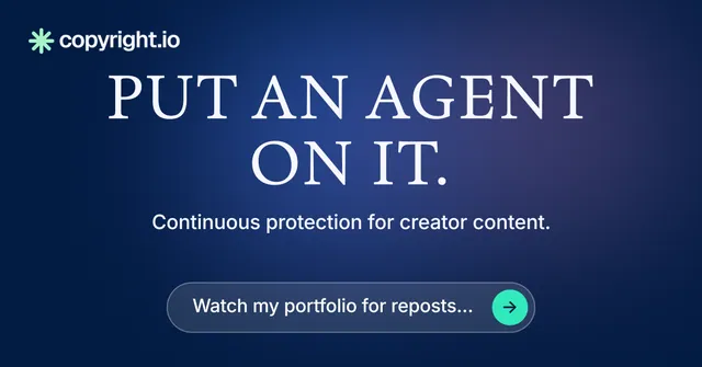 Social ad for copyright.io: "Put an agent on it." Agentic glass style, centred layout, dark palette in blue.
