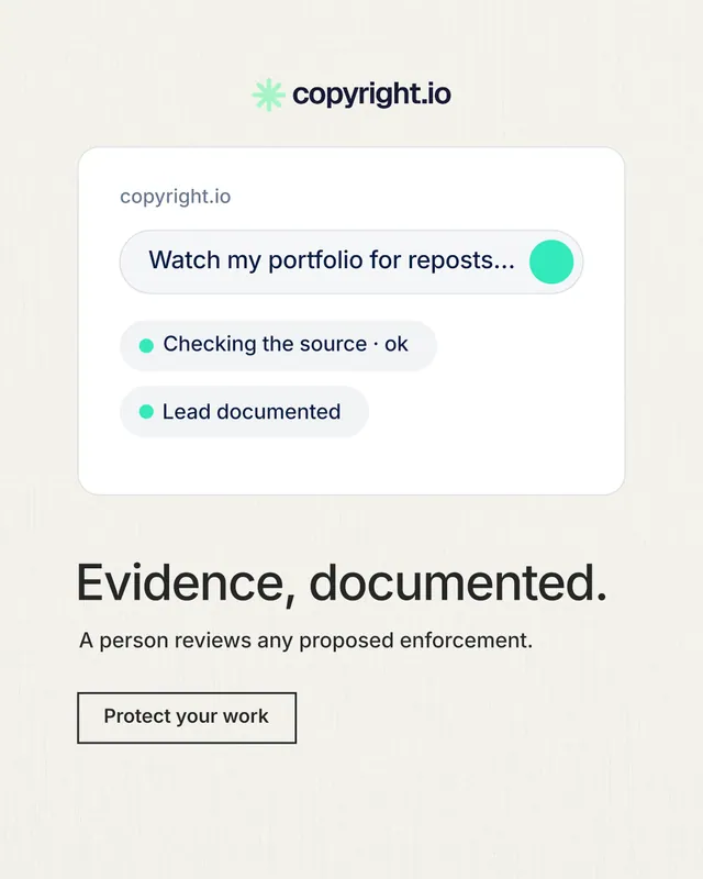 Instagram portrait post for copyright.io: "Evidence, documented." Editorial style, bottom layout, light palette in white.