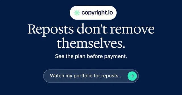 Social ad for copyright.io: "Reposts don't remove themselves." Agentic glass style, centred layout, dark palette in blue.