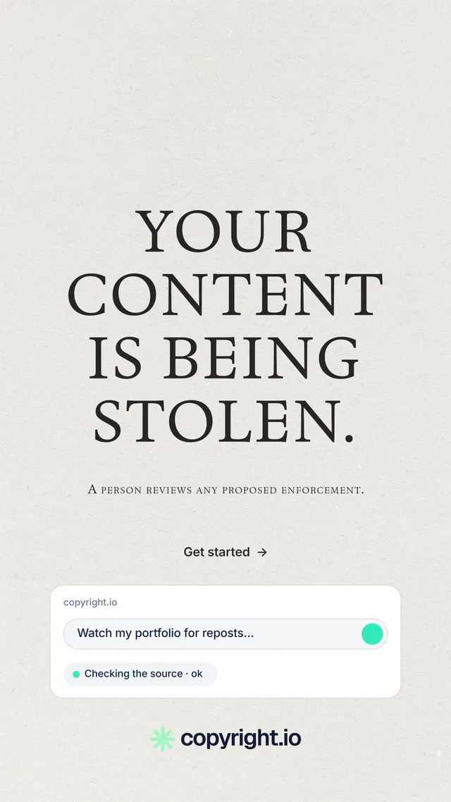 Instagram story for copyright.io: "Your content is being stolen." Editorial style, smallcaps layout, light palette in white, grey.